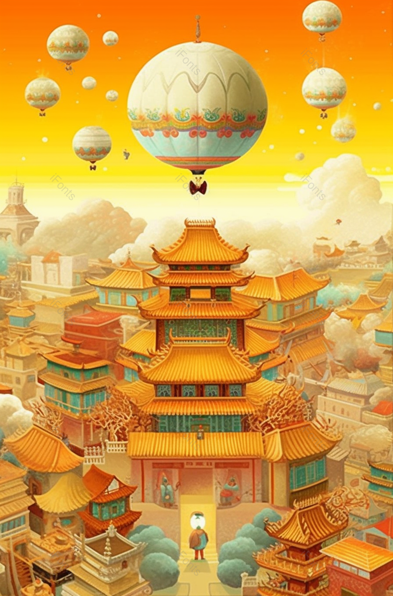 国潮风古建筑宫殿插画远山仙鹤祥云天灯绽放,插画/手绘图,插画/手绘图库,插画/手绘图下载,插画/手绘
